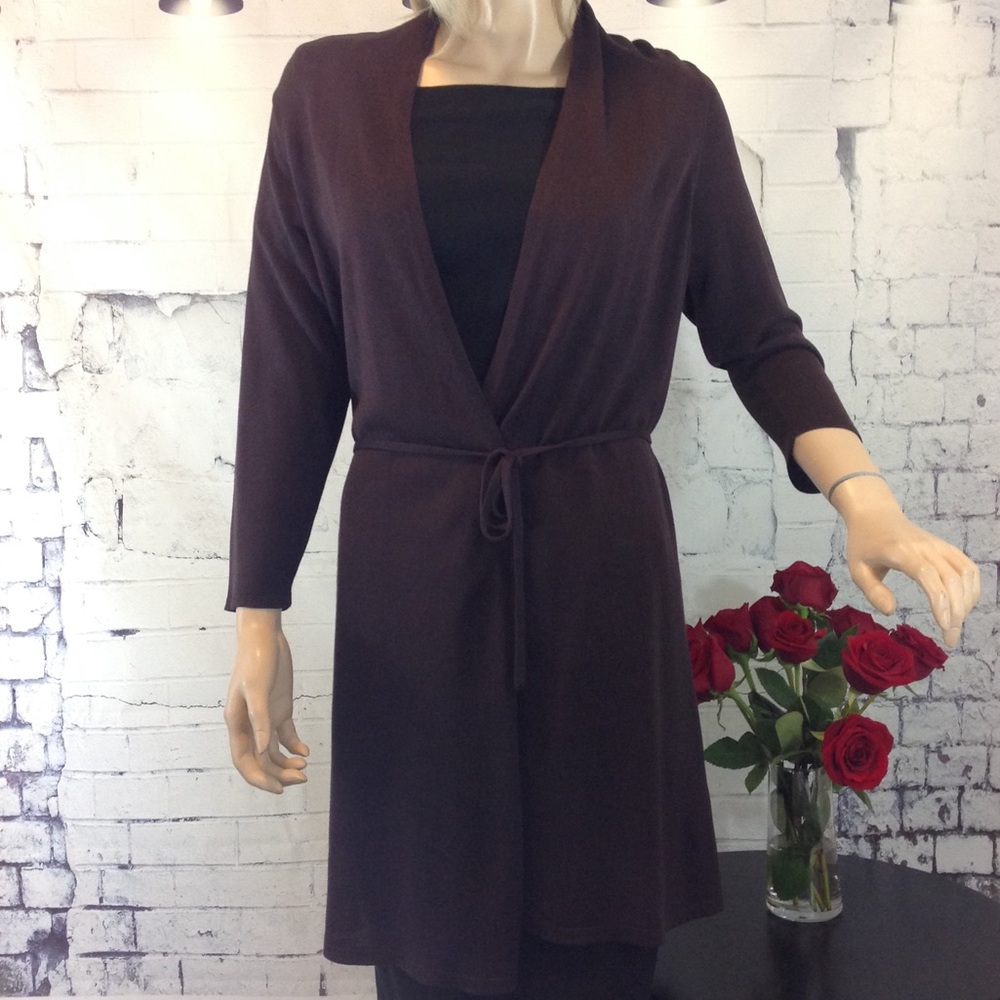 Eileen Fisher Dark Brown Clove Silk Tie Waist Sweater 3/4 Sleeve Cardigan